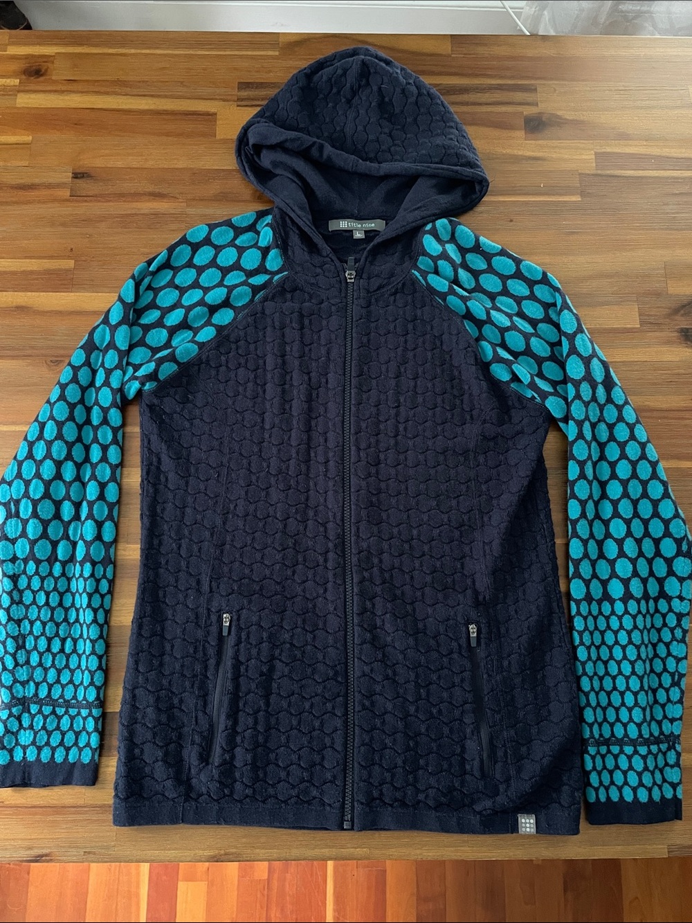 Title Nine Navy Hoodie with Teal Dot Sleeves